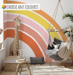 a child's room with a giraffe wallpaper and hammock chair