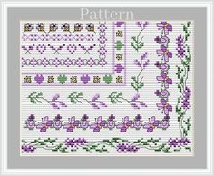 a cross stitch pattern with purple flowers