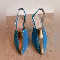 Never Worn Made In Spain Blue Closed Toe Slingback Pumps For Evening, Blue Round Toe Slingback Pumps For Evening, Blue Slingback Pumps With Round Toe For Evening, Blue Leather Closed Toe Slingback Pumps, Sling Back Heels, Sling Back, Gold Leather, Blue Gold, Shoes Women Heels