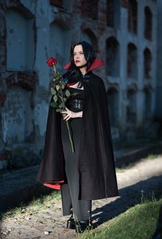 This high quality vampire / gothic / victorian / medieval cloak with a high collar is made out of pure black wool and lined with red cotton (which ensures quality, durability and practical use as wool provides warmth and weather protection). It is perfectly suitable for many occasions such as thematical weddings, Halloween parties, photoshoots, LARPs, masquerades and so on. This cloak is both practical (wool provides warmth and weather protection) as well as creates a captivating image.

https://sagittariuscraft.etsy.com

#vampire #vampirewoman #gothic #victorian #highcollar #cloak #medieval #fantasy #gothgirl #steampunk #alternative