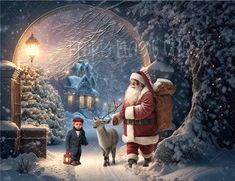 a painting of santa claus and his reindeer in the snow with a little boy standing next to him