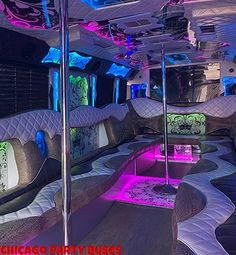 the inside of a party bus with couches and lights