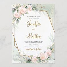 a wedding card with pink roses and greenery on the front, in gold foil