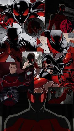 some red and black characters are in the middle of a collage with other images