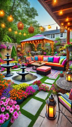 an outdoor living area with colorful furniture and flowers on the ground, surrounded by string lights