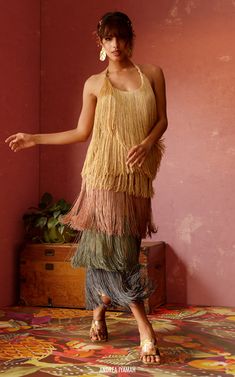 Women's Andrea Iyamah Spring Summer 2024 Collection | Moda Operandi Fringe Midi Dress, Layered Fringe, Andrea Iyamah, Red Carpet Ready, The Dancer, Low Neckline, 20's Dress, Dress Cover