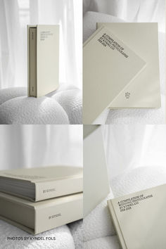 three photographs of the same book on a white bed with curtains in the back ground