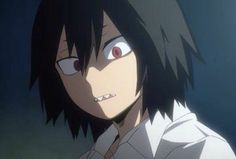 an anime character with black hair and red eyes looks at the camera while wearing a white shirt