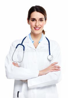 a smiling female doctor in white coat and stethoscope on her arm stock images