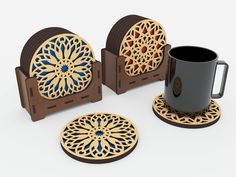 three wooden coasters and a coffee cup