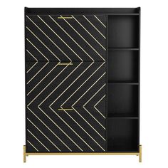 a black and gold cabinet with an arrow pattern on the front, two shelves below it