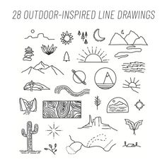 the back cover of an outdoor - inspired line drawing book, featuring images of mountains and desert