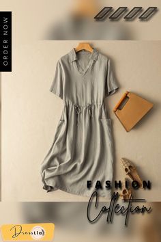 Solid Pocket Drawstring Waist Button Short Sleeve Dress Casual Solid Color Dress With Drawstring, Casual Gray Buttoned Dress, Casual Gray Dress With Buttons, Casual Gray Dresses With Buttons, Vintage Style Dresses, Style Dresses, Short Sleeve Dress, Women's Fashion Dresses, Drawstring Waist