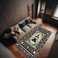 a living room with a couch and rug on the floor