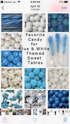 blue and white candies with text that reads favorite candy for blue and white themed sweet tables