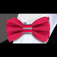 Introducing Our Versatile Double-Sided Silk Bow Tie Elevate your style effortlessly with our unique double-sided silk bow tie, featuring a vibrant red side adorned with white dots on one side and a sophisticated red side with grey and black stripes on the other. This bow tie is available as a self-tie or pre-tied option and includes a matching pocket square, adding a touch of charm to your ensemble. Suitable for neck sizes ranging from 14" to 22" inches, this bow tie offers versatility and flair Brown Bow Tie, Grey Bow Tie, Yellow Bow Tie, Purple Bow Tie, Polka Dot Bow Tie, Green Bow Tie, White Bow Tie, Plaid Bow Tie, Floral Bow Tie