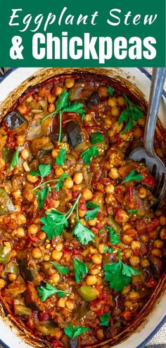 chickpea stew and eggplant in a white bowl