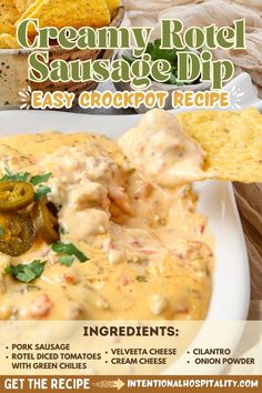 Rotel sausage dip topped with pickled jalapenos and chopped cilantro in a white bowl scooped by a chip, with an overlay text of the ingredients for the recipe Rotel Sausage Dip, Rotel Dip With Sausage, Sausage Dip Recipe, Snack To Make, Sausage Dip, Crock Pot Dips