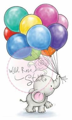 an elephant holding balloons with the words wild rose studio $ 10 98 shipped on ebay