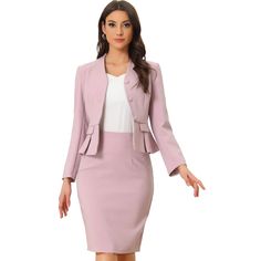 The blazer features a peplum design that accentuates your waistline, giving you an elegant figure. It also has a collarless neckline that makes it more modern and sleek. The pencil skirt complements the blazer perfectly and has a slimming effect that enhances your curves. It comes in various sizes and colors to suit different preferences, making it a versatile addition to any wardrobe. The pencil skirt features a zipper, and an elastic waist, providing a comfortable and flattering fit for all bo Womens Tailored Suit, Peplum Design, Theatrical Romantic, Peplum Designs, Office Clothes, Blazer And Skirt Set, Midi Skirt With Pockets, Peplum Blazer, Skirt Suits