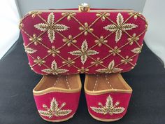 Indian Bridal Wedding Shoes/ Women's shoes/ Punjabi Jutti/ Wedding Shoes Beautiful handmade gold embroidery ladies flat shoes  - Internal padding for comfort - Comfortable shoes  - Genuine leather sole with white velvet fabric on outer  - Available in two colours - Black and Red  - Handmade in India  - Excellent quality  - Combination set matching shoe and clutch bag for all occasions  - Wedding shoes - Party shoes - Holiday shoes - Comfort shoes  - Slip on shoes  - Free delivery within UK - Cha Gold Embroidered Wedding Shoes, Elegant Bridal Accessories For Receptions And Festivals, Elegant Bridal Accessories For Receptions, Traditional Gold Bridal Accessories For Formal Occasion, Traditional Gold Bridal Accessories, Gold Bridal Accessories For Festive Party, Gold Bridal Accessories For Party And Festive Occasions, Festive Gold Wedding Shoes For Party, Festive Gold Bridal Accessories For Party