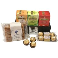 a variety of chocolates and sweets are arranged on a white background with the words twinings written in gold