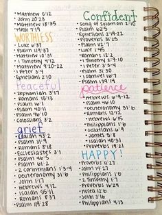 an open bible book with the words happy and confident written in different colors on it