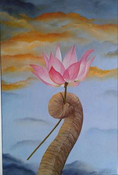 a painting of a pink flower on top of an elephant's trunk with clouds in the background