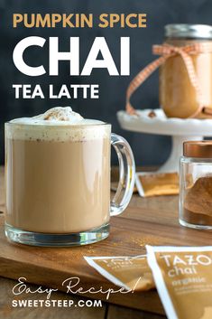 pumpkin spice chai tea latte recipe with text overlay