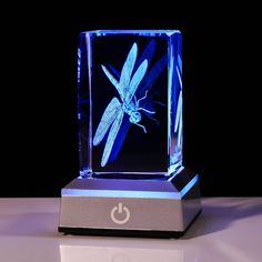 a blue dragonfly is on display in a glass block with the light turned on