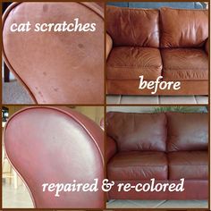 before and after photos of leather couches with cat scratches on the top, bottom left