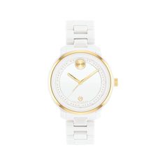 Bold Verso 39MM White Ceramic Watch - SHOPKURY.COM Modern White Jewelry With Diamond Hour Markers, Ceramic Bracelet, Movado Bold, Ceramic Watch, Contemporary Ceramics, Pale Yellow, White Ceramics, Plating, Yellow Gold