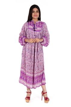 ITEM DESCRIPTION summer rayon purple pink floral women's maxi dress - hand printed collared neck long sleeve dress - vintage look bohemian maxi  Features : Long sleeve, Collared neck, Long dress Fabric : 100% Soft rayon crepe screen printed fabric  Sleeve Length: 22 inch  For more sizes & their measurement, please refer our below chart to understand the sizes variations available with us For your size requirement, please mention your size in seller note at the time of buying. IMPORTANT NOTE: - SIZE MEASUREMENT AND CHARTS ARE OF THE ACTUAL GARMENT AND OF THE PERSON WEARING THE GARMENT. BUST MEASUREMENT IS PROVIDED IN INCH ALL AROUND FROM ARMPIT TO ARMPIT OF THE GARMENT. SIZE MEASUREMENT BUSTLENGTHSHOULDER XXS34 inch48 inch13.5 inch XS36 inch48 inch14 inch S38 inch48 inch14.5 inch M40 inch48 Pink Floral Maxi Dress, 70s Look, Bohemian Maxi, Gauze Dress, Women Long Sleeve Dress, Women Maxi, Boho Maxi, Dress Purchase, Bohemian Dress