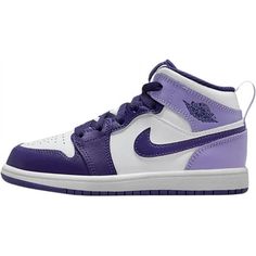 Preschool Jordan 1 Mid Sky J Purple/White Size: 10.5.  Gender: unisex.  Age Group: kids. Dark Purple Jordans, Purple Jordans, Air Jordan 1 Mid Purple, Purple Sneaker, Jordan Shoes For Kids, Shoe Wishlist, Purple Sneakers, School Dance, Cute Sneakers