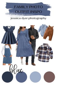 the family photo outfit inspo is shown with blue and brown colors, as well as two