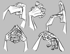 four different hand gestures drawn in black and white on a gray background, each with their own drawing technique