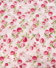 a pink flowered fabric with green leaves and flowers on it, as well as white background