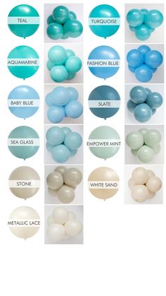 balloons with different colors and sizes are shown in this poster, which includes the names of each