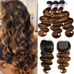 PRICES MAY VARY. 1.Material:Body wave bundles with 4x4 lace closure 100% human remy hair was cut from one donor,full cuticle aligned.Bouncy,soft and no split ends. 2. Hair Color:FB30 Human hair bundles with closure ombre brown highlight with dark root. Can make saw in or make ponytail and wigs. Swiss light brown lace closure free part can make middle part and side part. 3.Hair Weight: Remy hair weave bundle sew in 100g/pc. Closure 35-40g/pc. 3 bundles with closure is enough for a full head. Over Wavy Weave, Body Wave Weave Hairstyles, Unice Hair, Ombre Highlights, Remy Hair Weave, Hair Ombre, Brazilian Remy Hair, Cheap Human Hair, Braid In Hair Extensions