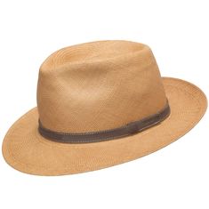 Wheat Wide Brim Leather Fedora For Formal Occasions, Wide Brim Leather Fedora For Formal Events, Modern Panama Hat With Adjustable Curved Brim, Brown Leather Fedora, Modern Adjustable Panama Hat With Curved Brim, Brown Toquilla Straw Fedora, Modern Adjustable Brimmed Panama Hat, Fitted Brown Fedora For Travel, Classic Brown Panama Hat For Vacation