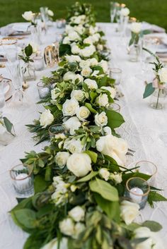 A Royal Wedding Inspiration at Herrington Manor - A PRINCESS INSPIRED BLOG | White Rose Table Garland Wedding Table Planner, Greenery Wedding Centerpieces, Greenery Centerpiece, Strictly Weddings, Wedding Table Flowers, White Wedding Flowers, Marquee Wedding