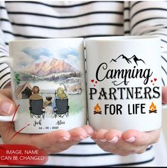 two people holding coffee mugs with camping partners for life printed on the front and back