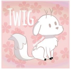 a white dog sitting on top of a pink flowered background with the word twig