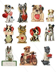 a bunch of dogs that are sitting on some kind of stand up sign with hearts