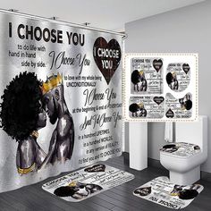 PRICES MAY VARY. 🛀【GOOD MATERIAL】The african american king queen shower curtain with hooks is made of waterproof polyester fabric, has a good dry fast effect, the bathroom mat and rugs are made of flannel, which are comfy, not fade, very soft. It can make your space unique. great valentines day decortaion gift choice. 🛀【STYLISH DESIGN】This romantic black king queen print will add fresh style to the bathroom, feel the romantic attitude toward to your man/woman, and bring surprise to you and you Curtains For Bathroom, Girls Shower Curtain, Bathroom Shower Curtain Sets, Bad Set, Shower Curtain Sizes, Bathroom Decor Sets, Bathroom Accessory Sets, I Choose You, Shower Curtain Set