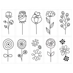 six different flower designs in black and white