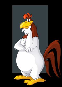 a cartoon chicken standing in front of a black background with his arms crossed and legs crossed