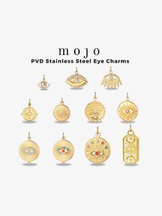 Good vibes only here at Mojo! Our gold stainless steel evil eye collection is an ancient symbol of protection to ward off any negative energy coming your way. PVD plated stainless steel is one of our most recommended jewelry materials for several reasons- it's highly durable, environmentally friendly, and affordable. Perfect gift for your loved one if needing an extra touch of protection as well as adding a unique touch to your jewelry. If you are a maker, head over to our unfinished chain shop to make your own necklace. Style tip: two feet of chain are needed to make a necklace. Some of our favorite chains for this collection are Eloise cable, Chasity cuban, and Kirklin figaro. If you're not a maker, shop our ready to wear necklaces and we will make these lovelies to slide right on! Some Permanent Jewelry Bracelet, Jewelry Materials, Permanent Jewelry, Wear Necklaces, Neck Chain, Eye Pendant, Ancient Symbols, Evil Eye Pendant, Evil Eye Charm