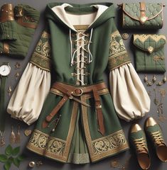 Green Leather Aesthetic, Dragoncore Fashion, Dnd Clothes Ideas, Tabard Outfit, Gender Neutral Fantasy Outfits, Forest Themed Outfit, Fae Clothing, Archer Outfit, Got Outfits