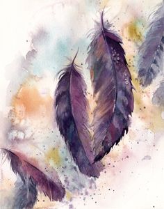 watercolor painting of three feathers on a white background